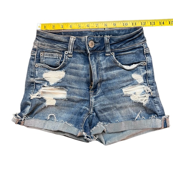 American Eagle Hi-Rise Shortie Distressed Denim Shorts Size 0 - Picture 2 of 13